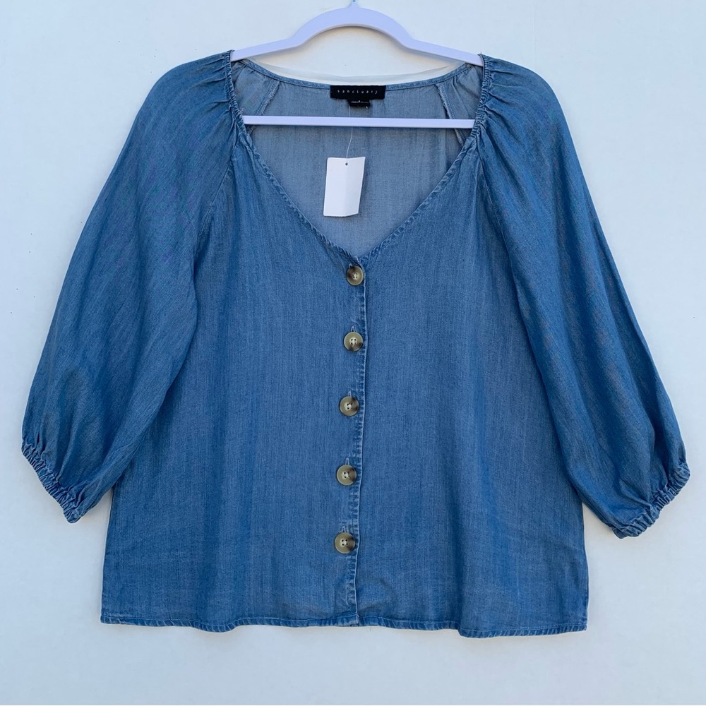 Sanctuary Women’s Blue Puff Sleeve Blouse V Neck Knit Button Down Size Small